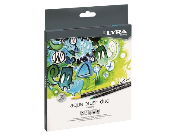 Pennarelli doppia punta Lyra Aqua Brush Duo. Confezione in cartone 12 colori