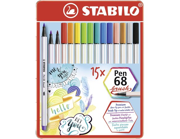 Pennarello Premium con punta a pennello per linee spesse e sottili - STABILO Pen 68 brush - Scatola in metallo da 15 - con 15 c