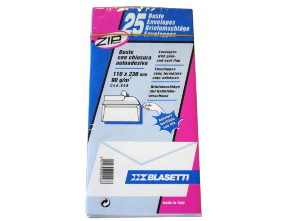 BUSTA BIANCA STRIP cm.11x23 gr.90 CON PATELLA ADESIVA A TAGLIO QUADRO conf.25 pz.BLASETTI SENZA FINESTRA BIANCO BIANCA