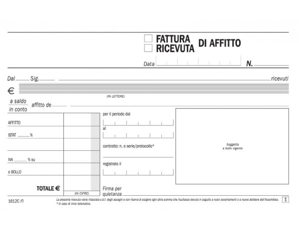 RICEVUTE BLOCCO DI AFFITTO CM.11x16 2 COPIE DATA UFFICIO D 1612