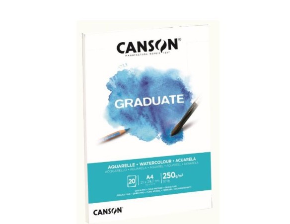 CANSON BLOCCO GRADUATE ACQUERELLO A4 20 FOGLI 250GR. COLLATO LATO CORTO GRANA FINE