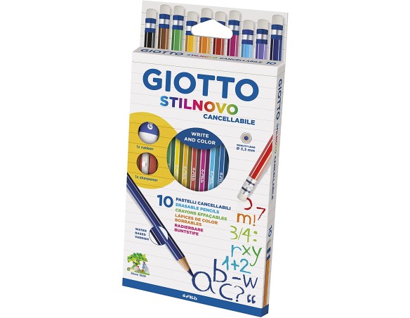 pastelli cancellabili Colori Giotto 256800 - Stilnovo Cancellabile Astuccio 10 Pastelli Colorati con Temperamatite e Gomma