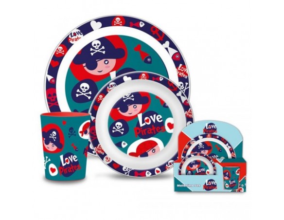 Set pappa tre pezzi pirata - piatto piano + piatto fondo + bicchiere