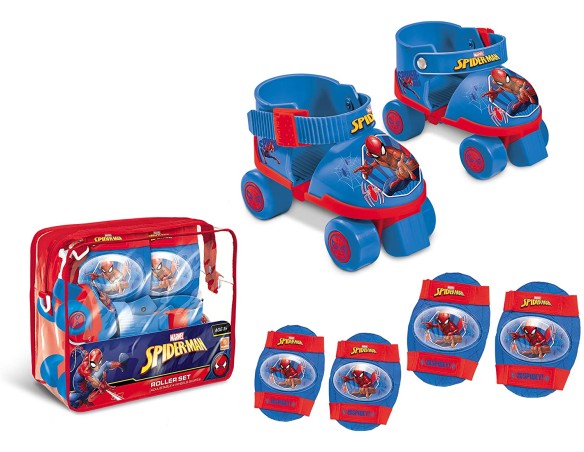 pattini a rotelle regolabili Spiderman Marvel per bambini - Taglia dal 22 al 29 - set completo di borsa trasparente, gomitiere 