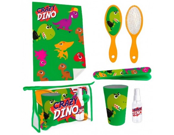 Set Bagno Borsello Crazy Dino Borsa Accessori Per L'igiene Bambino DInosauri