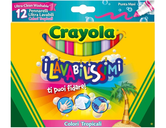 Crayola-I Lavabilissimi Pennarelli Ultra-Lavabili, Punta Maxi, Colori Tropicali Assortiti, per Scuola e Tempo Libero, 12 Pezzi,