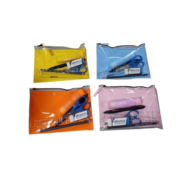 Set bustina pvc temperino gomma righello matita