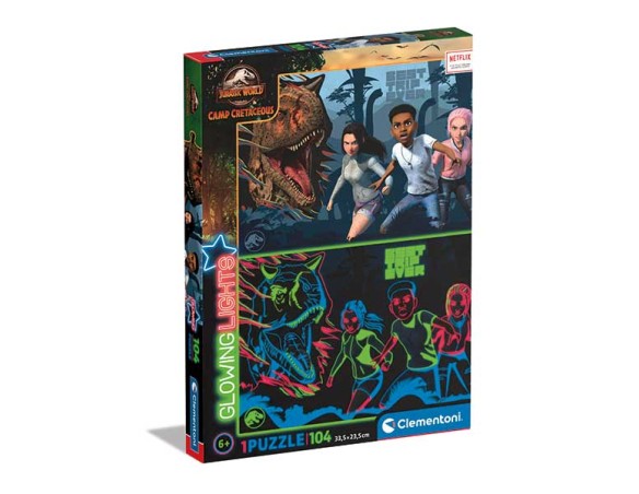 Clementoni - 27557 - Glowing Lights collection - Jurassic World Camp Cretaceous, puzzle fluorescente - puzzle 104 pezzi - Made 