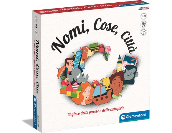 Clementoni- Nomi, Cose, Città Tavolo, società per Tutta la Famiglia, Gioco di vocaboli, 2-6 Giocatori, Bambini 7 Anni+, Made in