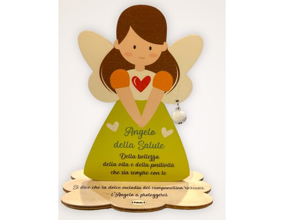 Porta Foto/Memo Angelo della salute In Legno Naturale Con Sonaglino ed una molletta- Chiama angeli angelo