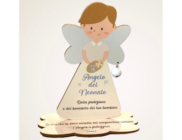 Porta Foto/Memo Angelo del neonato maschietto In Legno Naturale Con Sonaglino ed una molletta- Chiama angeli angelo