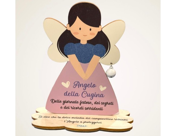 Porta Foto/Memo Angelo della cugina In Legno Naturale Con Sonaglino ed una molletta- Chiama angeli angelo