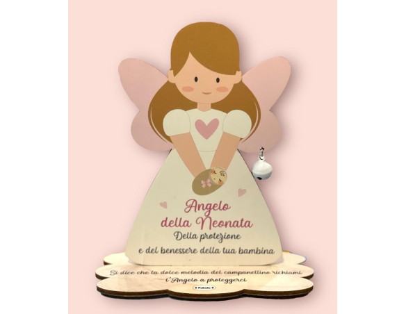 Fabula | Porta Foto/Memo Angelo della neonata femminuccia In Legno Naturale Con Sonaglino ed una molletta- Chiama angeli angelo