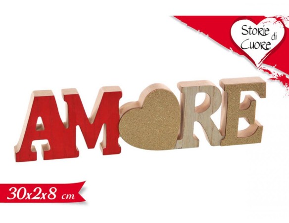 SCRITTA LEGNO DECORAZIONE SCRITTA AMORE VERNICE ROSSA E GLITTER ORO C.30 H.8 san valentino
