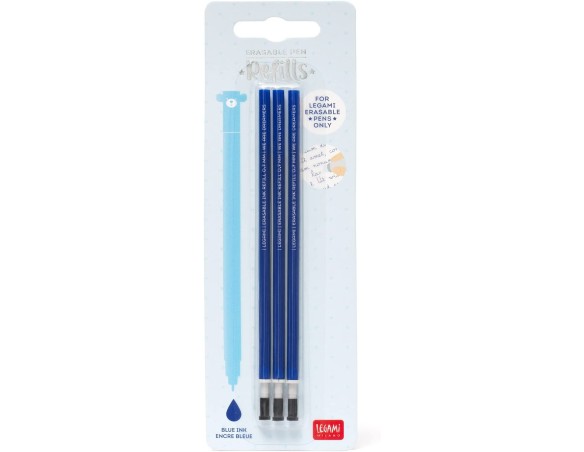 Legami - Refill per Penna Gel Cancellabile, Set 3 Pezzi, Altezza 13 cm, Inchiostro Termosensibile Blu, Punta 0,7 mm