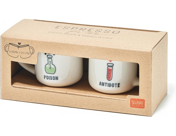 Legami MM0007, Espresso For Two, 2 Tazzine da Caffè in Porcellana New Bone China, Capacità 50 ml, Tema Poison and Antidote, Lav
