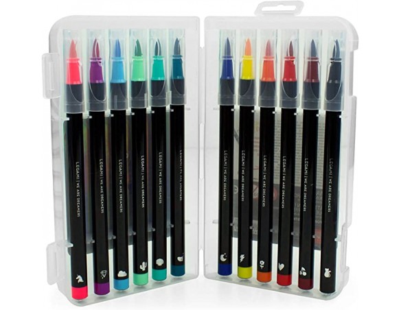 Legami - Set di 12 Pennarelli Brush con Punta Pennello, Punta Flessibile in Fibra di Nylon, per Tratti Fluidi e Larghezze Varia