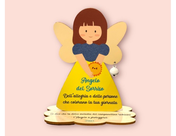 Porta Foto/Memo Angelo Del sorriso In Legno Naturale Con Sonaglino ed una molletta- Chiama angeli angelo FEMMINUCCIA