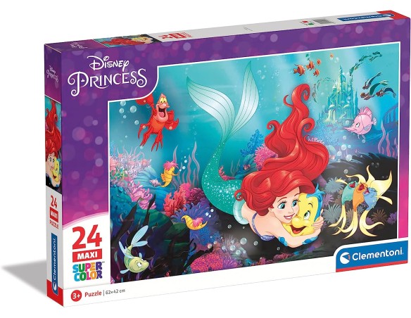 Clementoni- Puzzle Supercolor The Little Mermaid-24 Pezzi Bambini 3 Anni, Puzzle Cartoni Animati-Made in Italy, Multicolore, 24