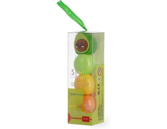 Legami - Evidenziatore 3 in 1, Colori Pastello, Verde, Giallo, Arancione, Asciugatura rapida, Tema Avocado