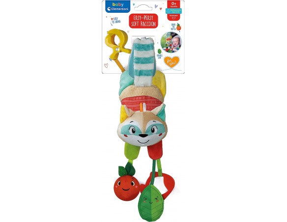 Clementoni- Easy-Peasy Soft Racoon-Procione Morbido Peluche, Gioco Neonato, Sonaglino Passeggino, Rafforza Le capacità Motorie 