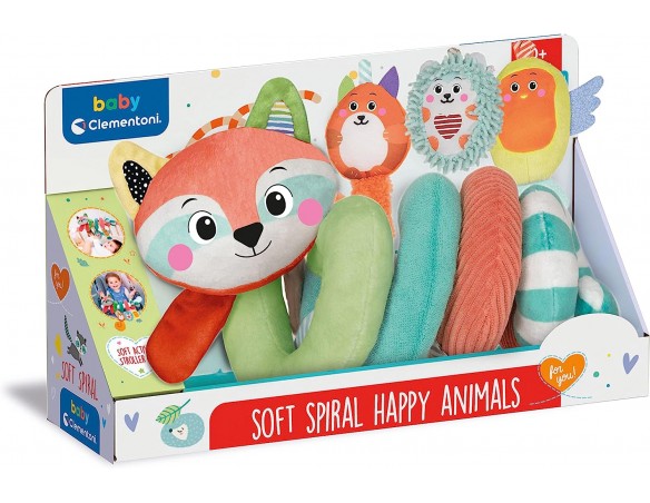 Clementoni- Soft Happy Animals-Spirale, Giocattolo Morbido da Appendere, Gioco Passeggino Neonato, Bambini 0-36 mesi-100% Lavab