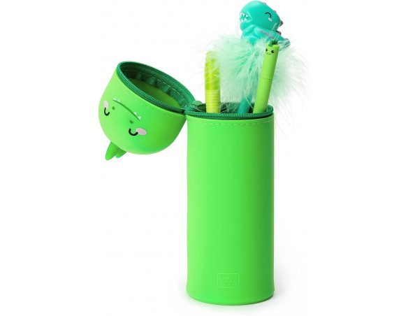 Legami - Astuccio 2 in 1 in morbido Silicone, Kawaii, Portapenne da Tavolo, Chiusura con Cerniera, Ø 6,3 cm, Tema Dino Dinosaur