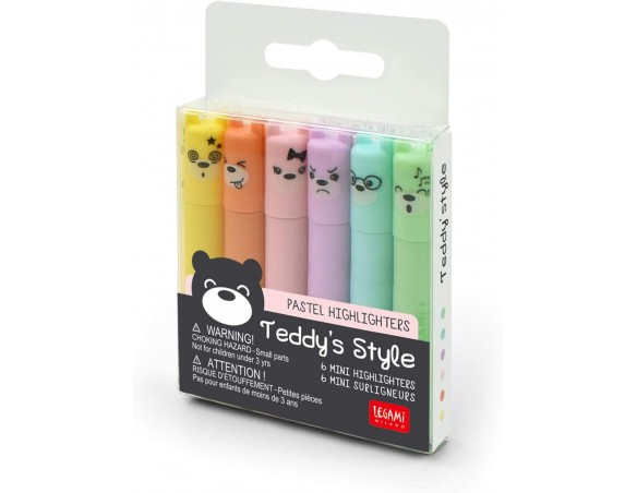 Legami - Teddy's Style, Set di 6 Mini Evidenziatori, 1x7,5 cm, Giallo, Pesca, Rosa, Lilla, Azzurro chiaro, Verde chiaro, per So
