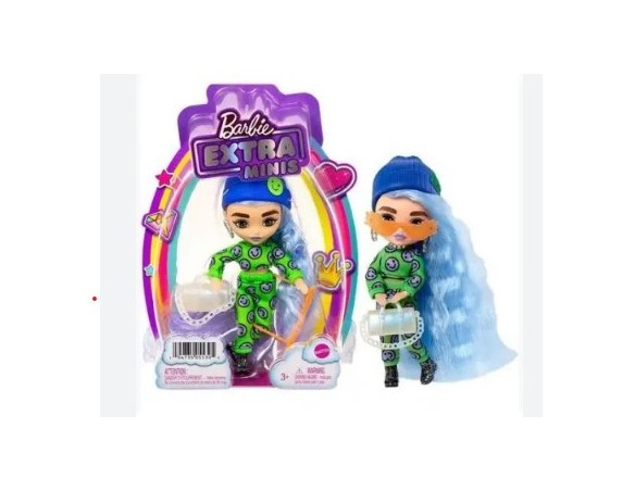 Barbie - Extra Minis Mini Bambola Articolata con Look Felpa e Pantaloni con Emoji e Morbidi Capelli Blu Ghiaccio, Giocattolo pe