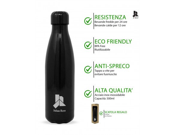 Borraccia Julian Ross - Borraccia Termica, 500 Millilitri, Acciaio Inox, Senza BPA, 12H Caldo/24H Freddo, Nero