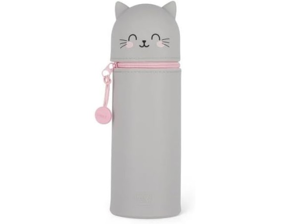 Legami - Astuccio 2 in 1 in morbido Silicone, Kawaii, Portapenne da Tavolo, Chiusura con Cerniera, Ø 6,3 cm, Tema Kitty Gatto
