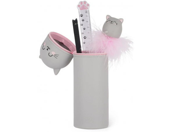 Legami - Astuccio 2 in 1 in morbido Silicone, Kawaii, Portapenne da Tavolo, Chiusura con Cerniera, Ø 6,3 cm, Tema Kitty Gatto