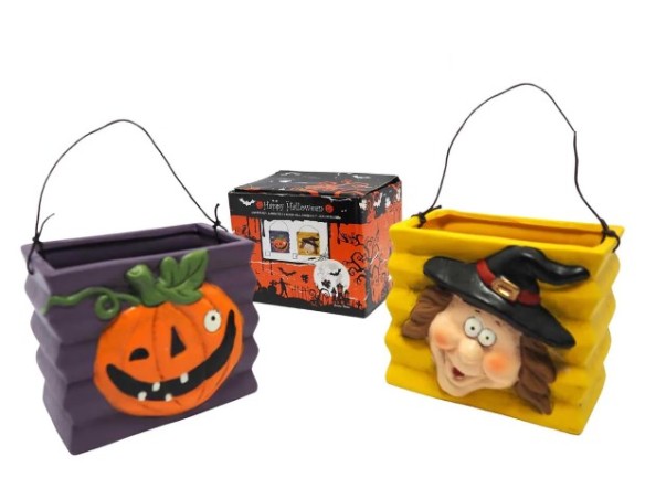 Contenitore rettangolare con manico e faccia halloween 11,3x13,5x10,5cm modelli assortiti