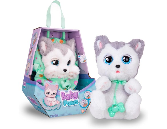 Baby Paws Husky, Peluche Interattivo con Suoni, Apre e Chiude gli Occhi ed Include Borsetta, Copertina, Giocattolo Bambine e Ba