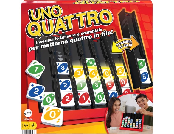UNO Quattro - Combina l'abilità di abbinare il colore o il numero alla sfida di posizionare quattro tessere in fila, per serate