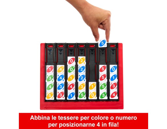 UNO Quattro - Combina l'abilità di abbinare il colore o il numero alla sfida di posizionare quattro tessere in fila, per serate