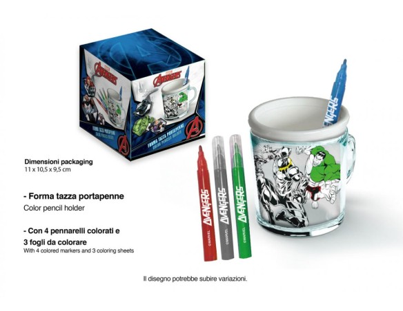 Marvel Avengers - Tazza avengers portapenne in plastica da colorare per Bambini, con 4 Pennarelli e 3 fogli