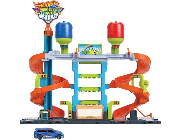 Hot Wheels - Hot Wheels City Mega Torre Autolavaggio, 1 macchinina Color Shifters, pratici serbatoi per acqua calda e fredda, s