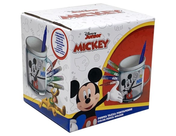 Disney Topolino - Tazza portapenne in plastica da colorare per Bambini, con 4 Pennarelli e 3 fogli