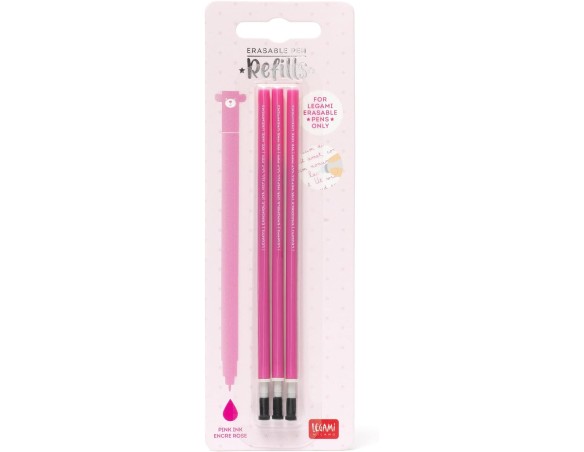 Legami - Refill per Penna Gel Cancellabile, Set 3 Pezzi, Altezza 13 cm, Inchiostro Termosensibile Rosa, Punta 0,7 mm