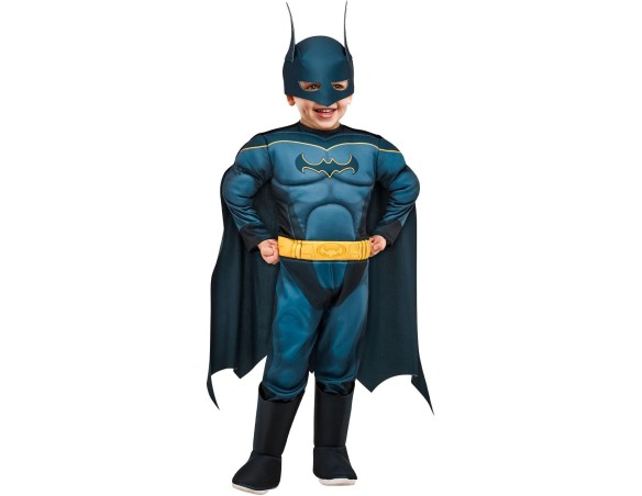 Rubies Costume Batman DCP prescolare 2-3 anni per bambini, tuta con petto muscoloso, cintura stampata e copristivali. Ufficiale