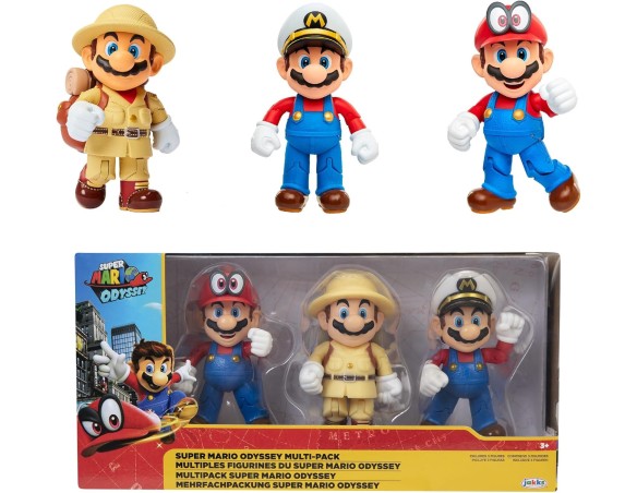 Nintendo Super Mario Odyssey – 3 Action Figure di Super Mario (Capitan Mario, Explorer Mario e Mario Cappy) Alte 10 cm, dotate 