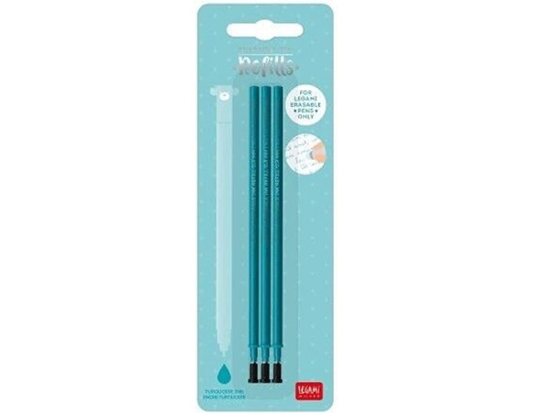 Legami - Refill per Penna Gel Cancellabile, Set 3 Pezzi, Altezza 13 cm, Inchiostro Termosensibile Turchese Punta 0,7 mm