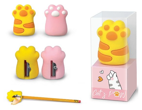 Temperino a zampa catpaw giallo e rosa, plastica morbida - Lebez