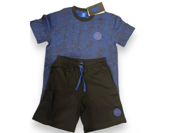 Inter | PIGIAMA SQUADRA INTER COTONE ESTIVO CORTO RAGAZZO BAMBINO 2070 PITONATO NERO BLU 14-16 anni