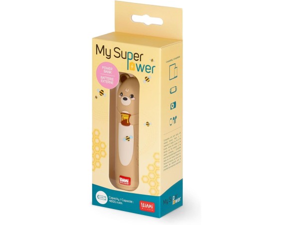 Legami - Caricabatteria Portatile Teddy Bear Orso - My Super Power, Ricarica 2 Dispositivi Contemporaneamente, Cavo USB Tipo C 