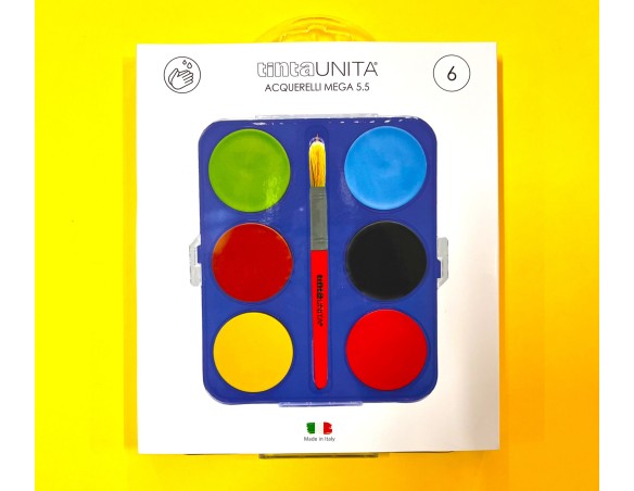 Confezione di Acquerelli da 6 colori maxi con Pennello - Tinta Unita