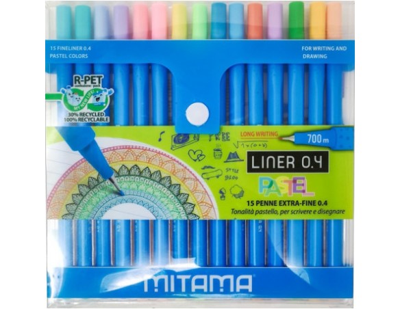 MITAMA | BOX 15 PENNE LINER PUNTA FINE 0,4MM IN FIBRA 15 COLORI PASTELLO PER SCRIVERE E DISEGNARE LUNGA SCRITTURA 700M MITAMA I