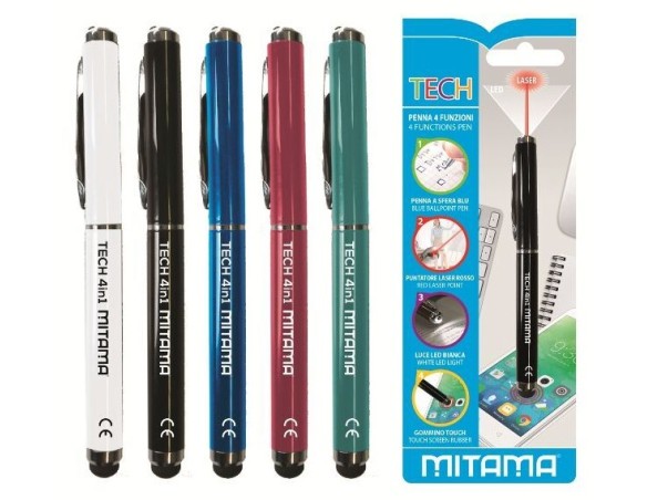 MITAMA | PENNA TECH 4 IN 1 PENNA A SFERA INCHI.BLU TOUCH SCREEN PUNTAT.LASER ROSSO LED LUCE BIANCA FUSTO NERO/BLU/ARG/BIAN