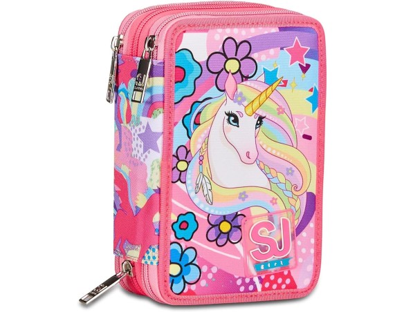 SJ Gang Astuccio Scuola 3 Zip, Rosa, UniBraid, Portapenne Triplo Scomparto Completo Di Penne, Matite, Colori, Accessori Zaino, 